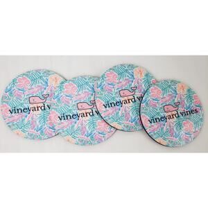 Vineyard Vines Tropical Whale Print Cork Back Pink Coaster Set of 4